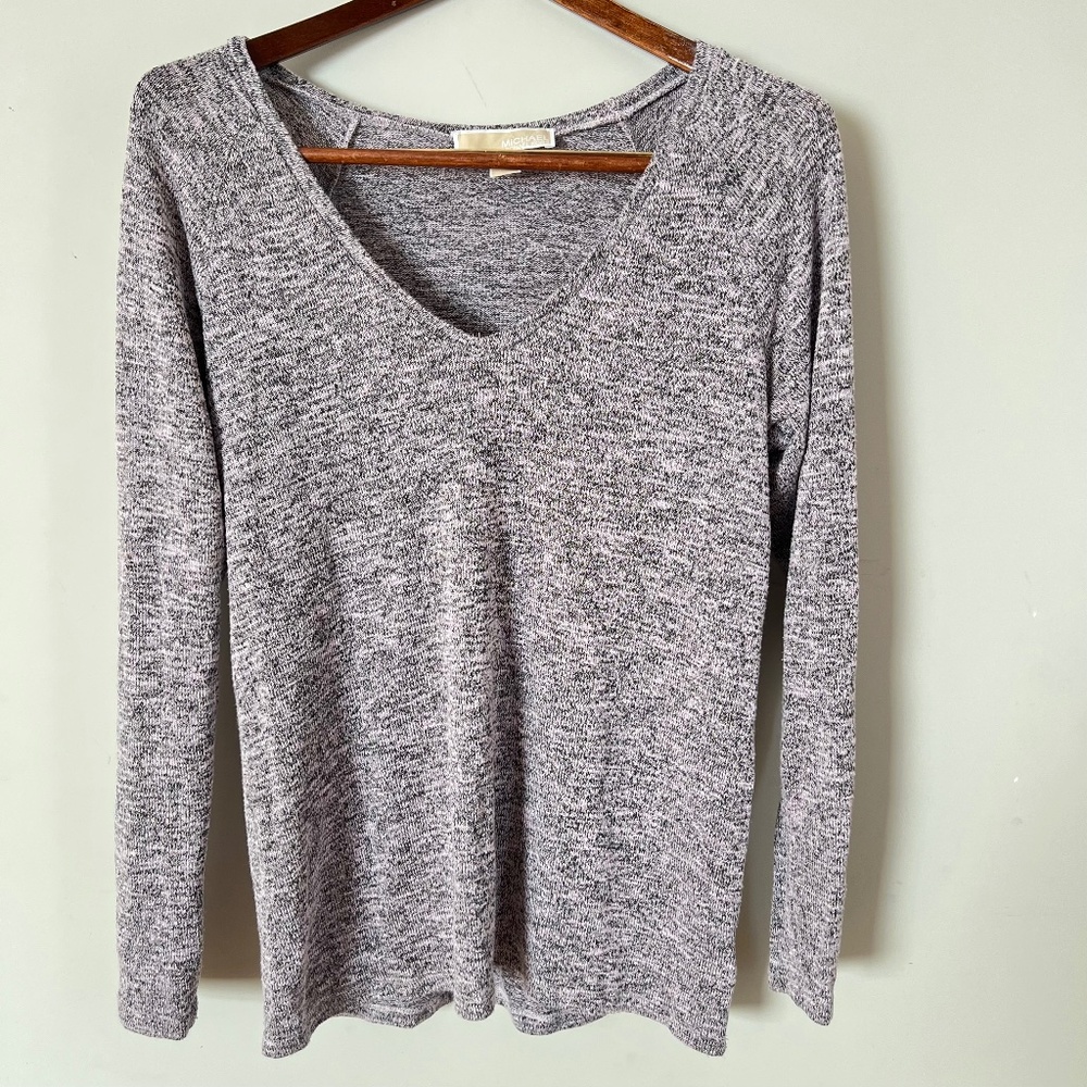 Michael Kors Gray Knit V Neck Top Long Sleeve Womens M